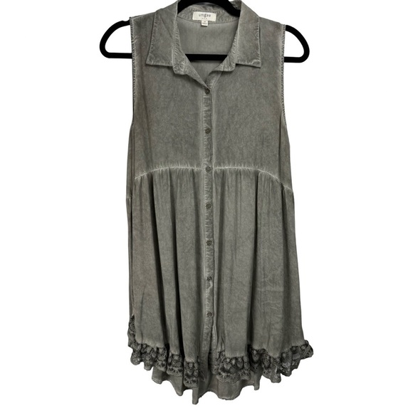 Umgee Sleeveless Button Down Dress Lace Ruffle Trim Gray Mineral Wash Size M - Picture 5 of 9